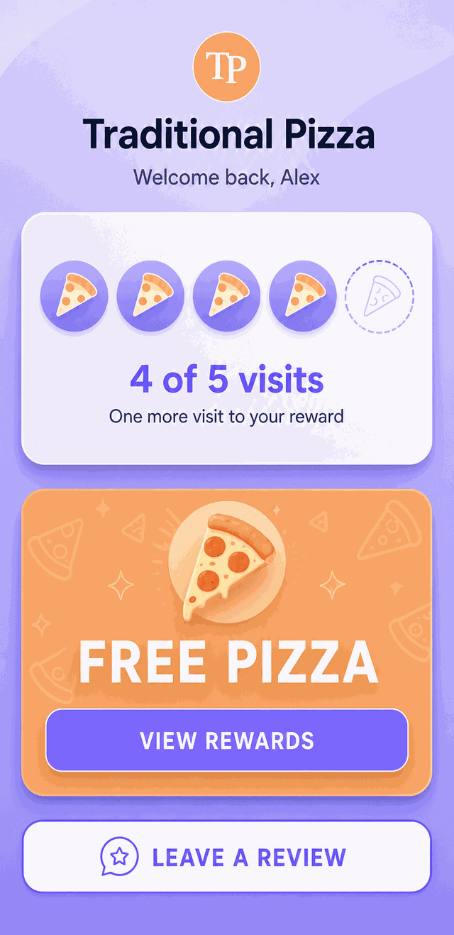 TapSpot loyalty card on a mobile phone, showing
                              four of five visits collected towards a reward.