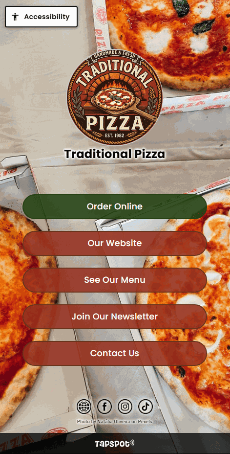 A TapSpot landing page for an example pizza
                              restaurant, with buttons for ordering online,
                              the venue website, the menu, a newsletter and
                              contact details.